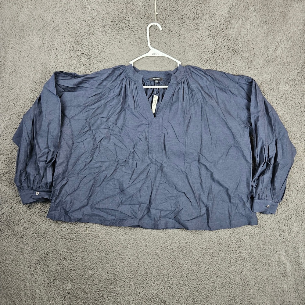 Madewell NQ888 Womens XL Ink Blue Split‎ V-Neck Relaxed Balloon Sleeve Top NEW